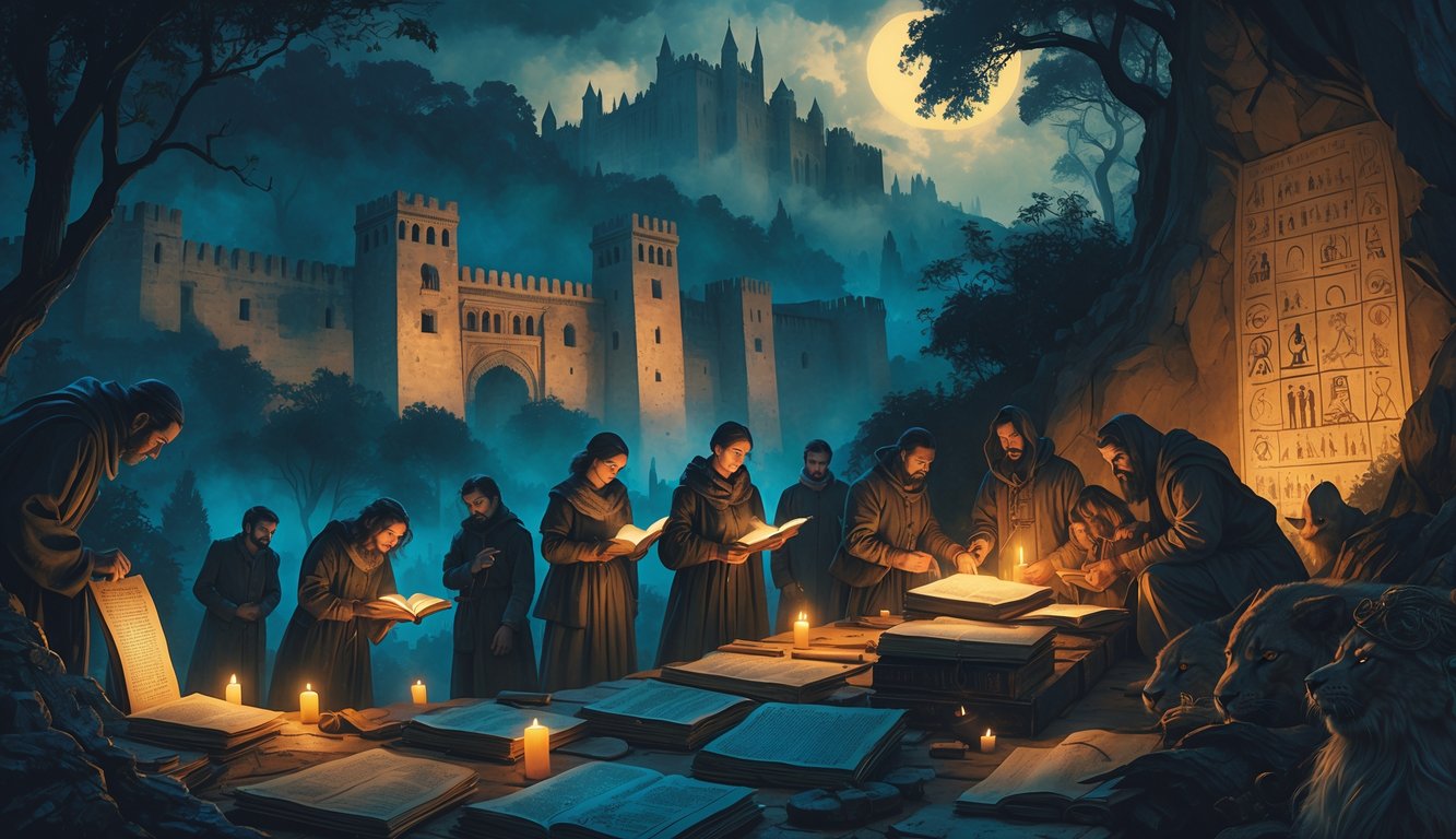 A group of historians examining ancient artifacts in front of misty Spanish landmarks and forests with ghostly figures and mythical creatures around.