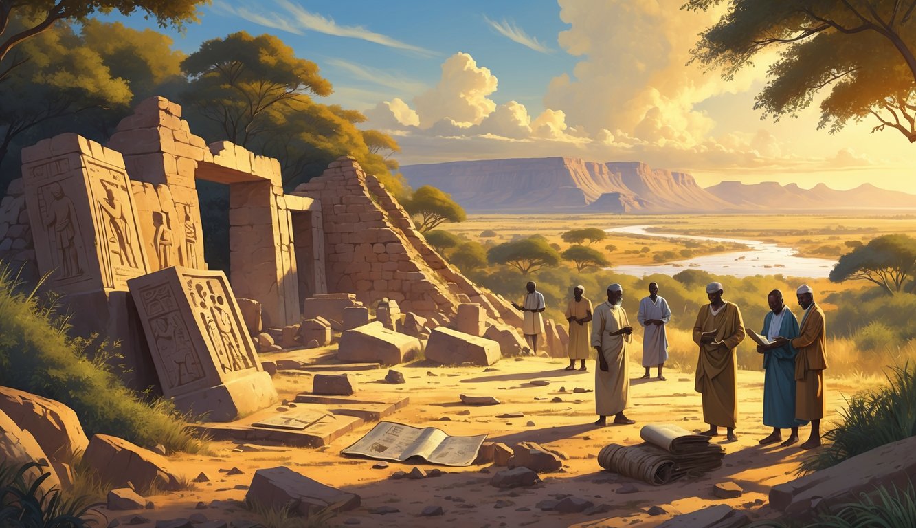 People examining ancient ruins and artifacts in a South Sudanese landscape with the White Nile River and mountains in the background.