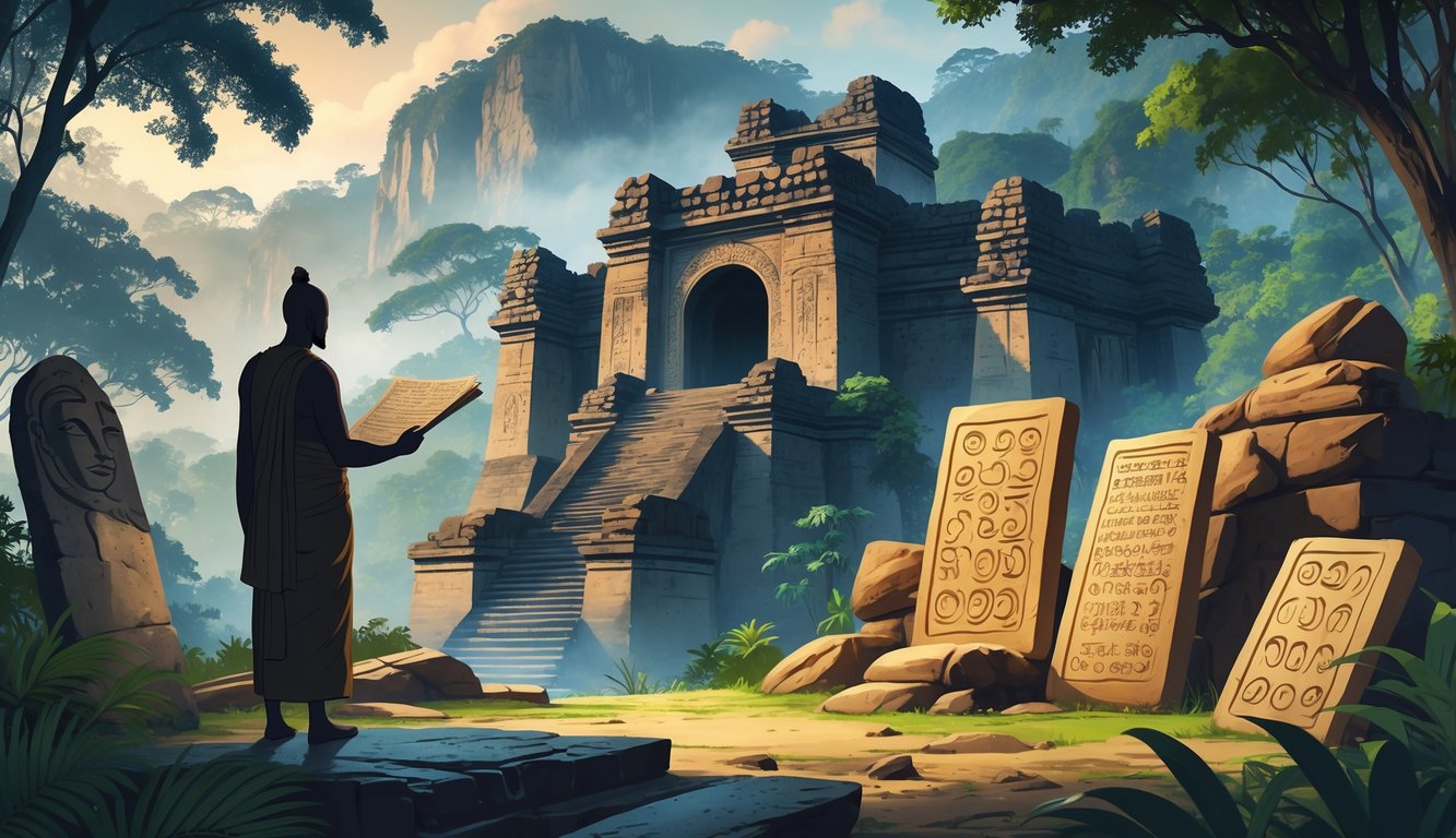 Ancient Sri Lankan ruins with mysterious stone carvings and artifacts surrounded by tropical forest and mountains.
