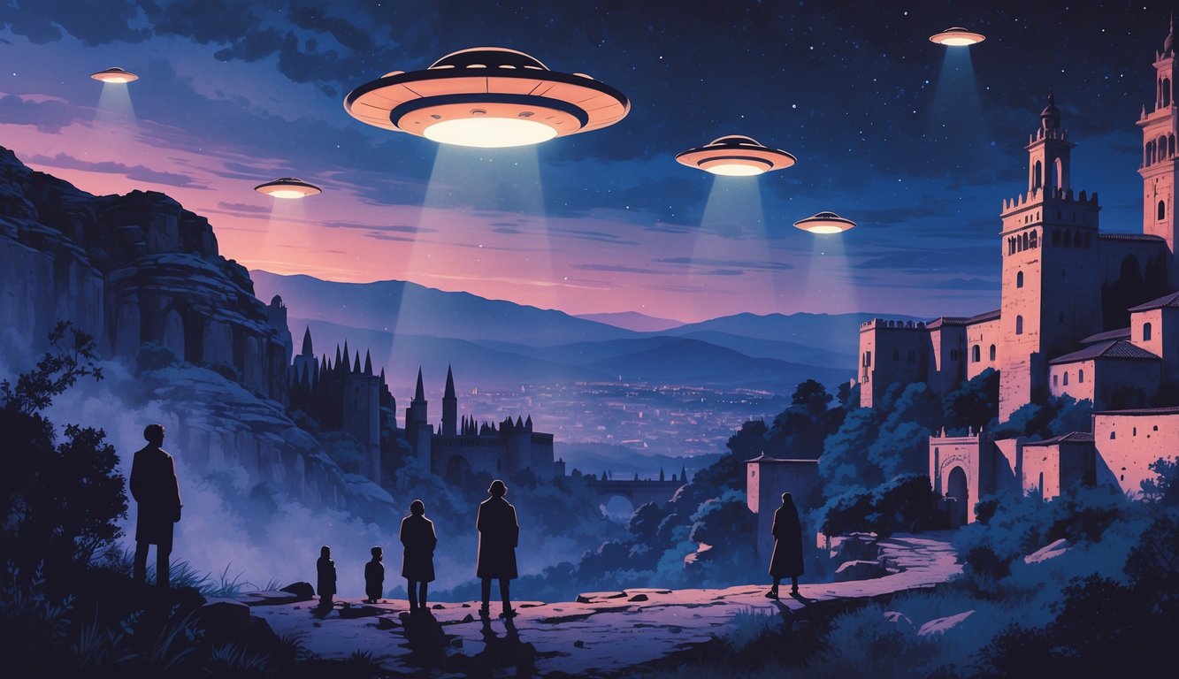 A twilight scene over a Spanish landscape with the Alhambra palace and mountains, showing glowing UFOs in the sky and people looking up in amazement.