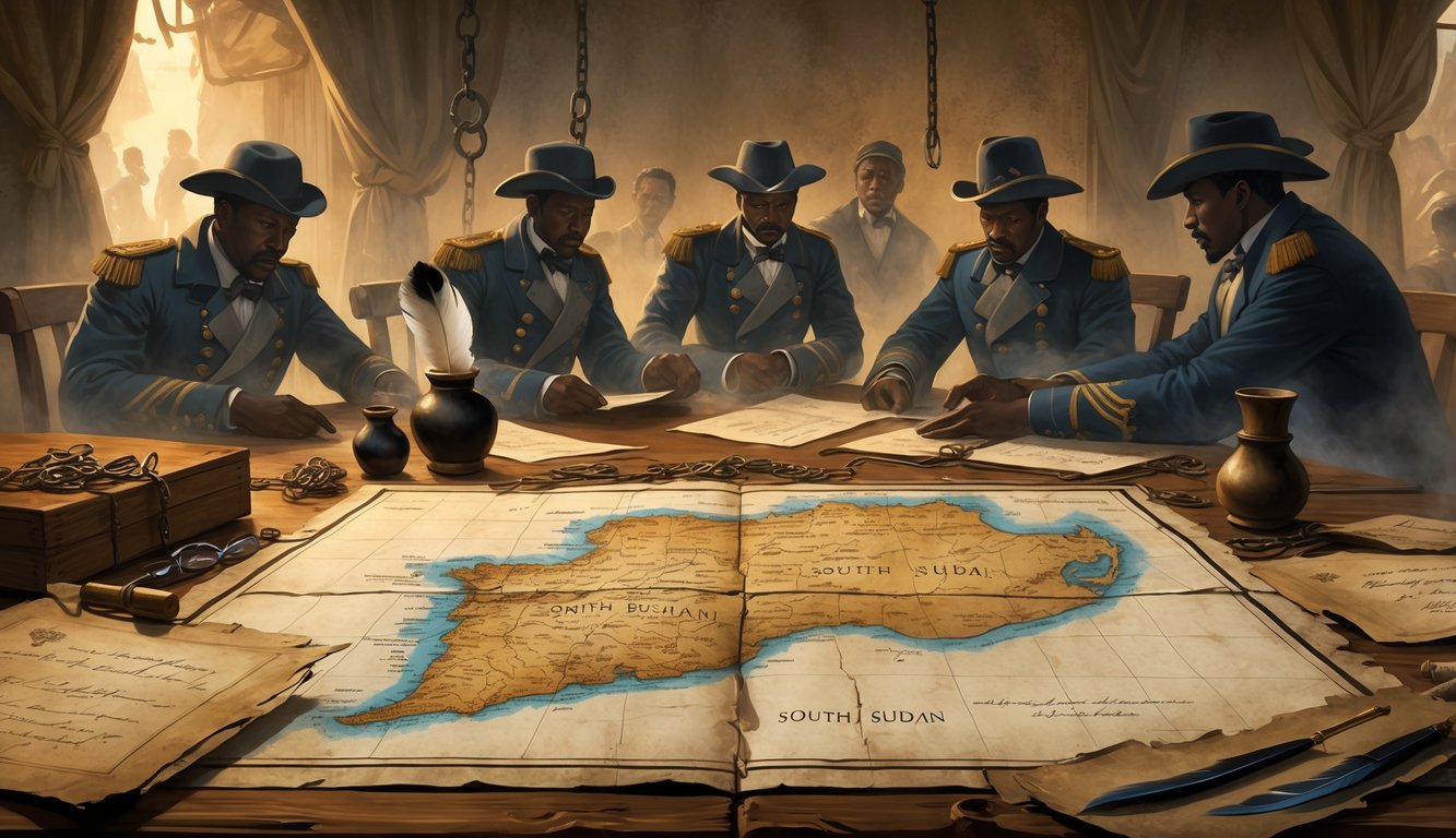 An old map of South Sudan on a wooden table surrounded by antique documents and artifacts, with faint images of colonial officers and indigenous leaders negotiating in the background.