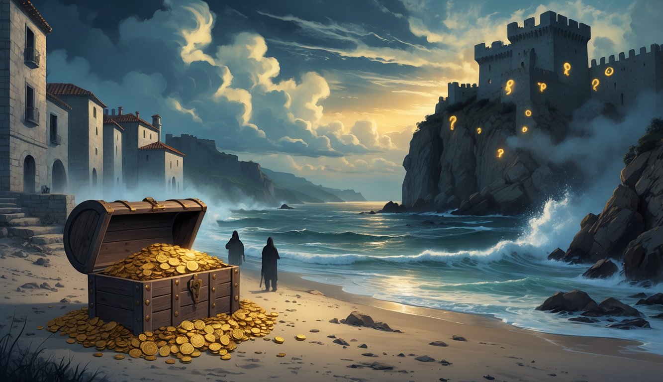 A misty ancient Spanish coastal village at dusk with a treasure chest overflowing with gold and jewels on the shore, ghostly figures fading into the mist, and a medieval castle on a cliff in the background.