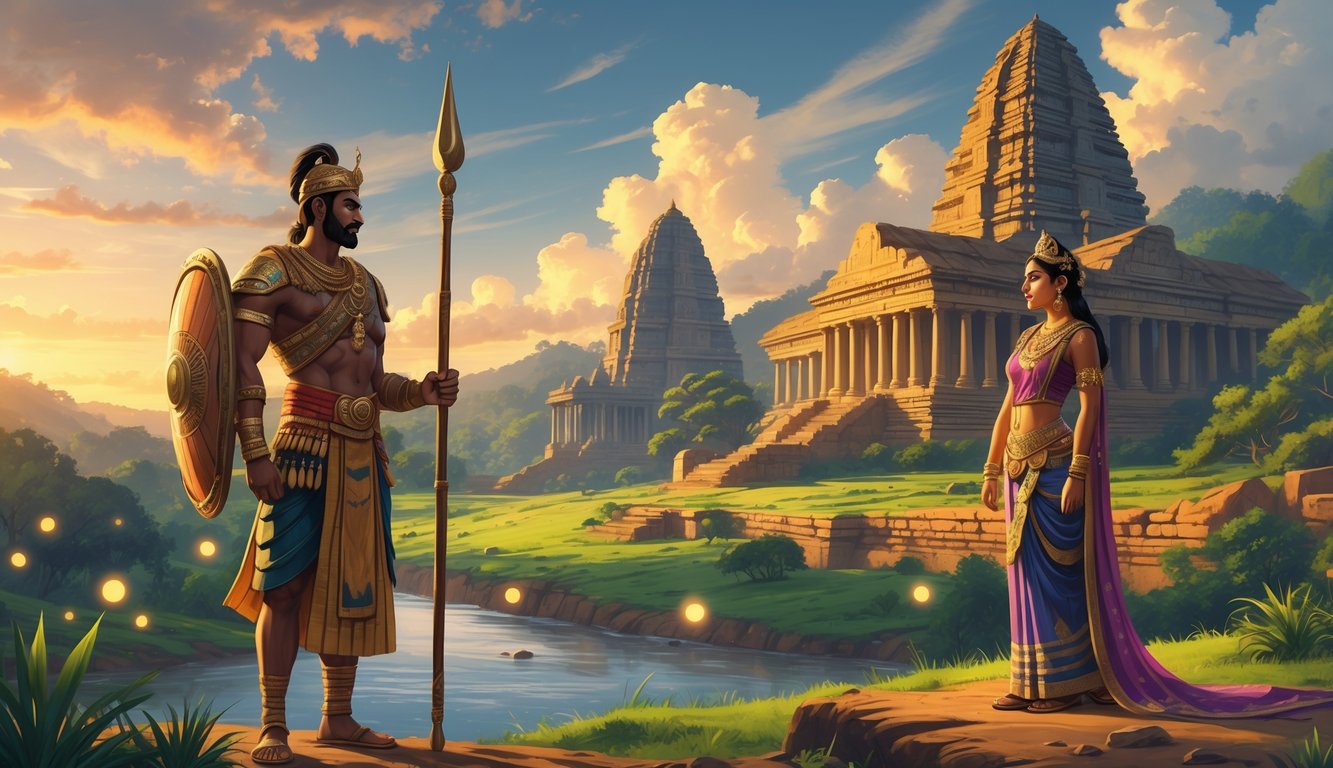 A warrior and a queen stand in an ancient Sri Lankan landscape with a river, hills, and a large stone temple complex in the background under a dramatic sunset sky.