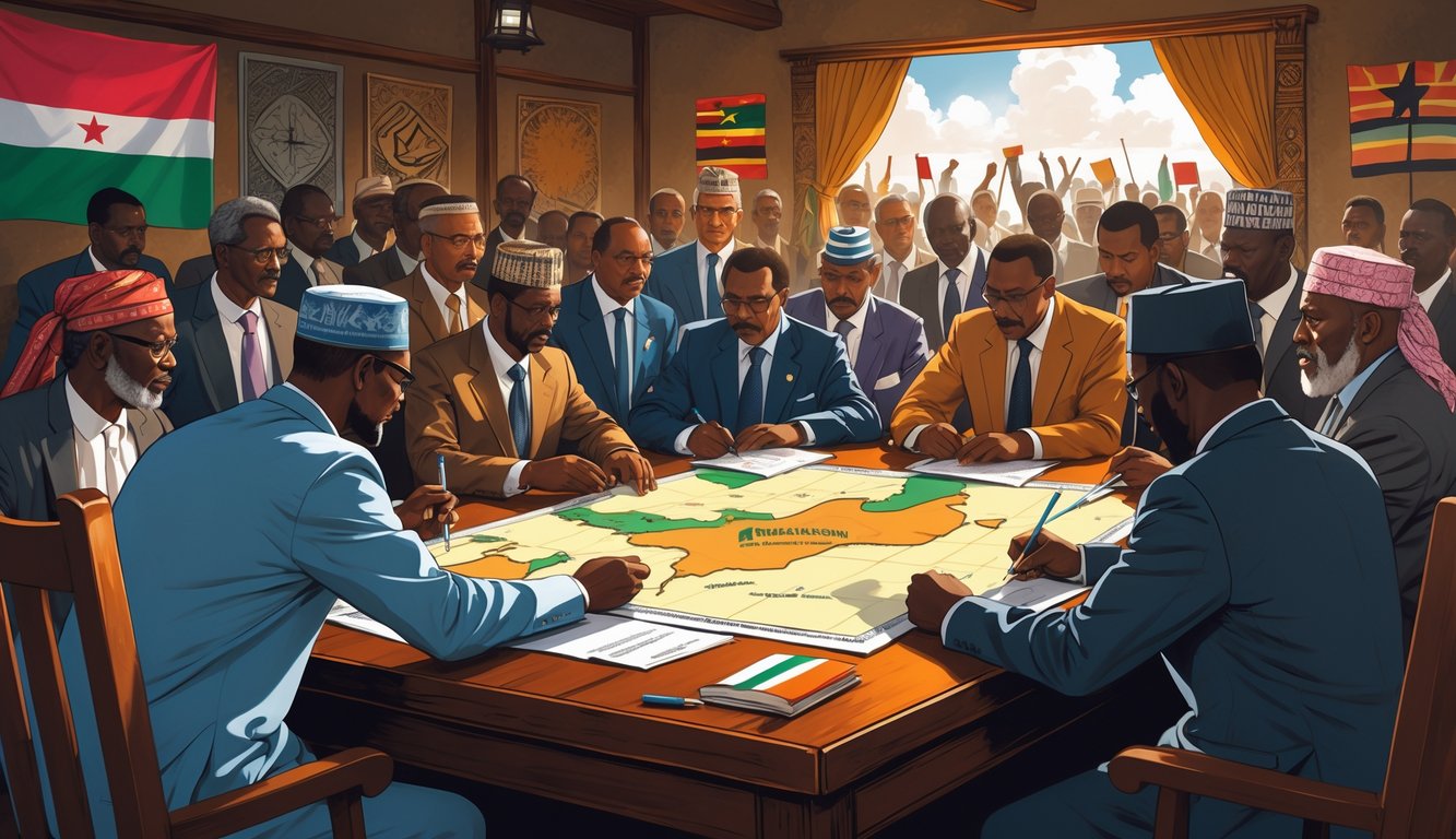 A group of South Sudanese leaders and negotiators gathered around a table with maps and documents, with people casting votes at a ballot box in the background.