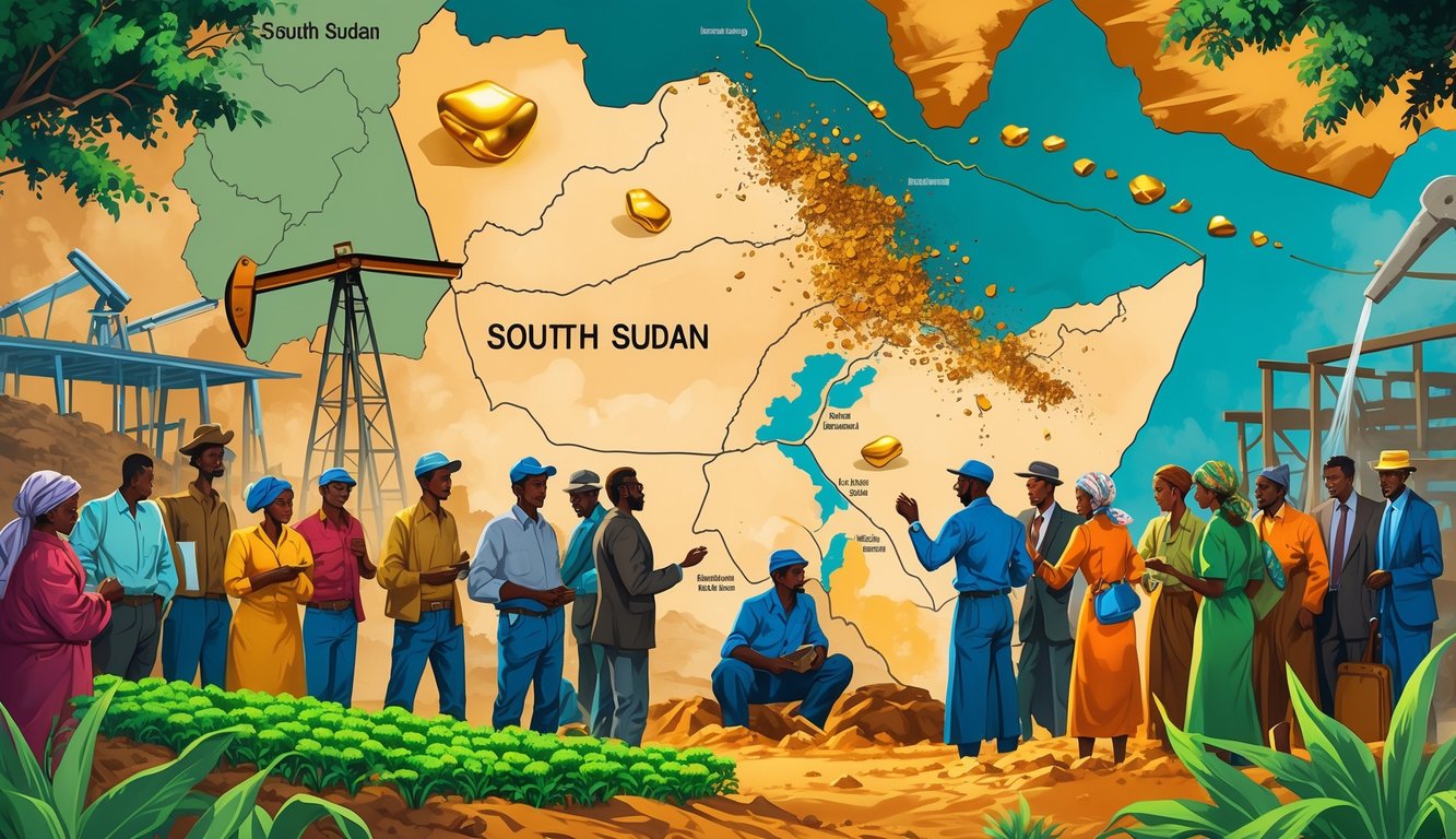 A scene showing South Sudanese people discussing economic issues with symbols of natural resources like oil rigs and gold, set against a background map of South Sudan.