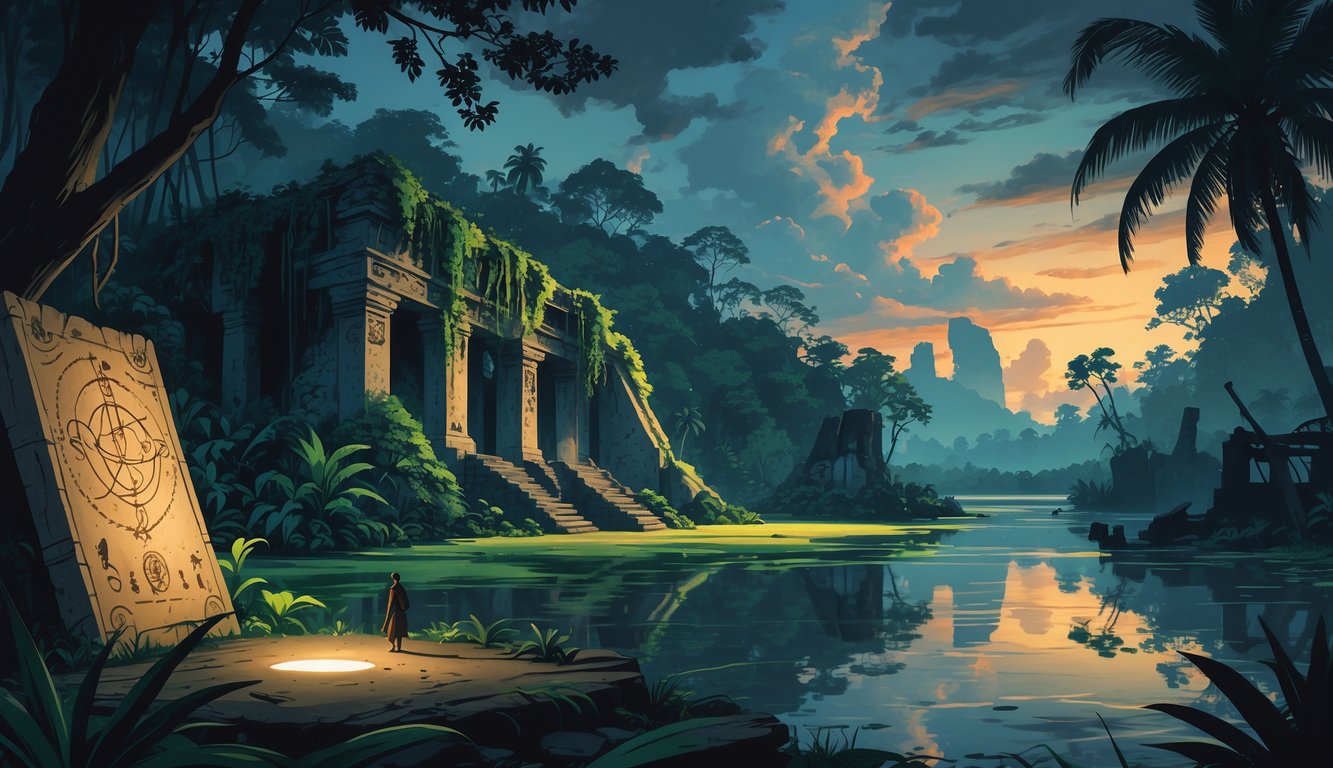 A tropical rainforest with ancient ruins and a glowing artifact near a winding river, surrounded by mysterious shadows and old symbols.
