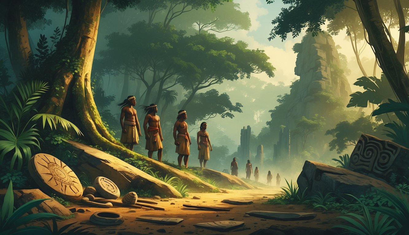 A dense tropical rainforest with ancient artifacts and subtle ruins, showing early indigenous people connected to the land.