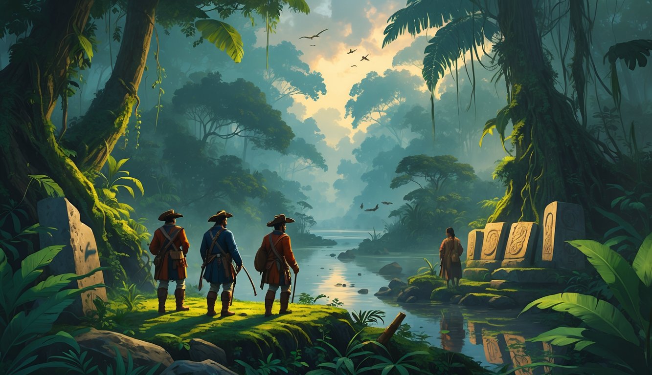 Early explorers in a dense Surinamese rainforest encounter indigenous people near ancient stone carvings and artifacts by a winding river at dawn.