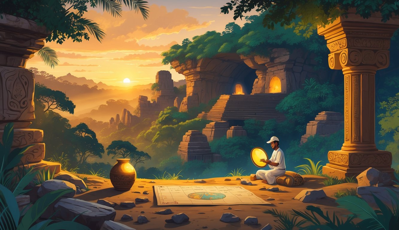 A scenic view of ancient Sri Lankan ruins in a jungle with an archaeologist examining artifacts, surrounded by wildlife and mysterious cave entrances at sunset.