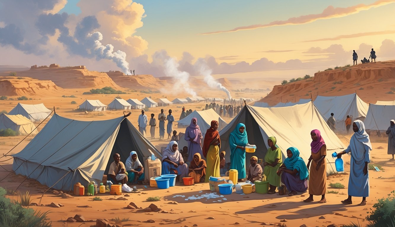 A group of South Sudanese people in a makeshift camp receiving aid, with a rugged landscape and signs of conflict in the background.