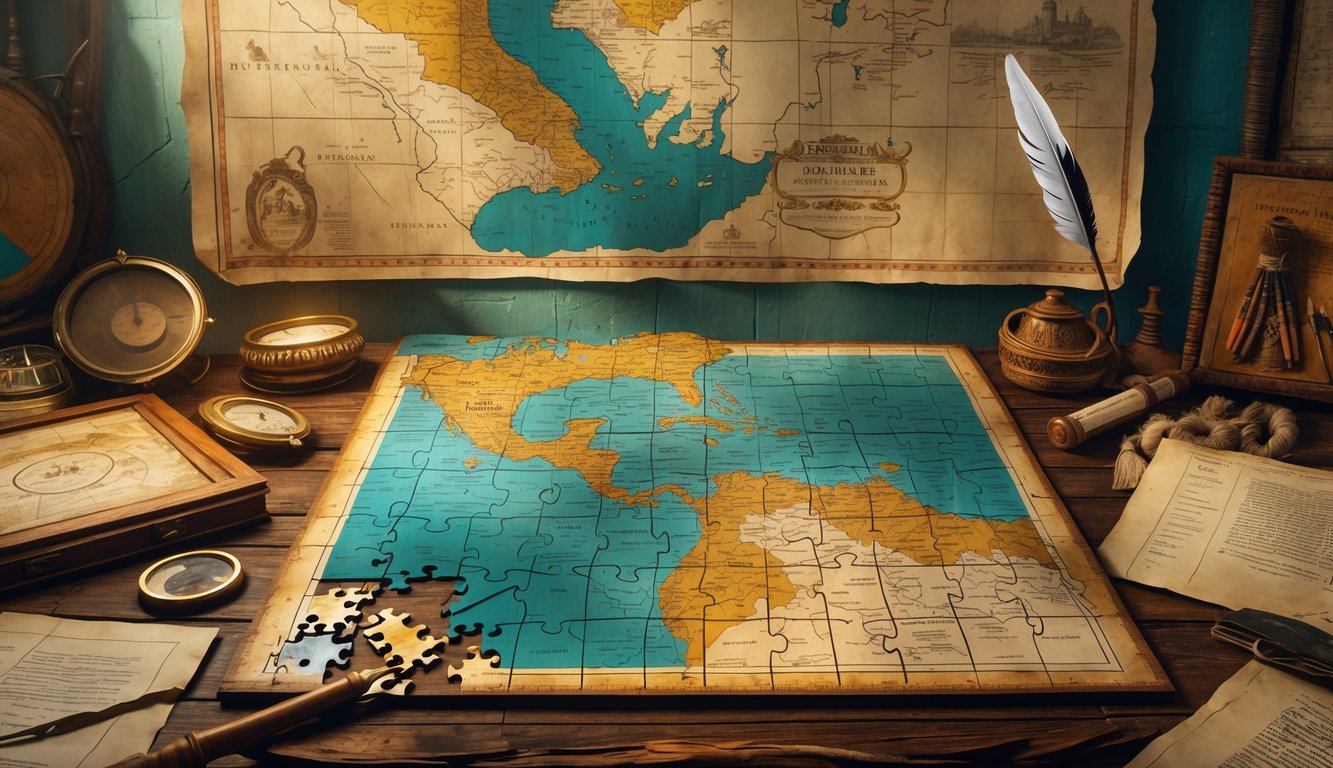 A table with a partially completed puzzle of Suriname's map surrounded by historical colonial artifacts and indigenous items, with an old map hanging in the background.