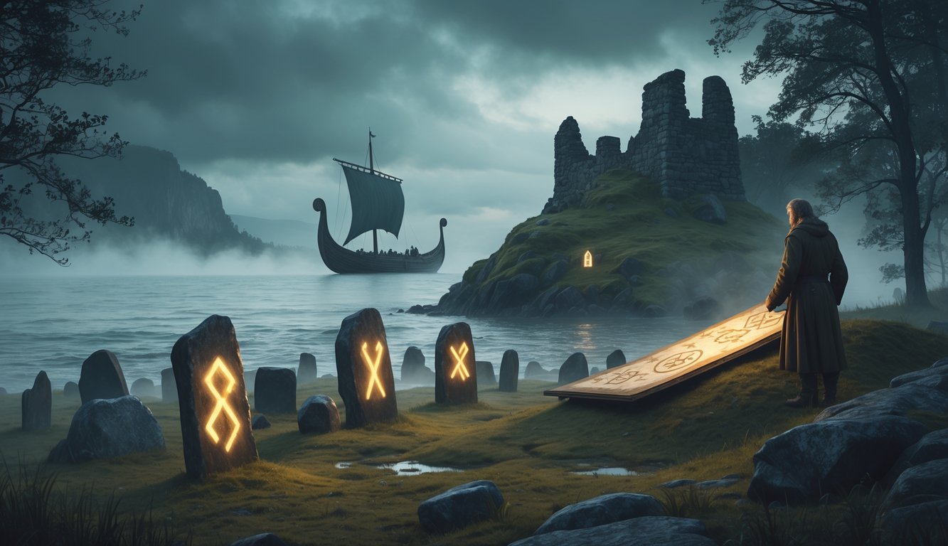 A misty forest with ancient runestones, a Viking ship on a foggy sea, a medieval figure studying a map near a burial mound, and castle ruins on a hill, all conveying historical mystery in Sweden.