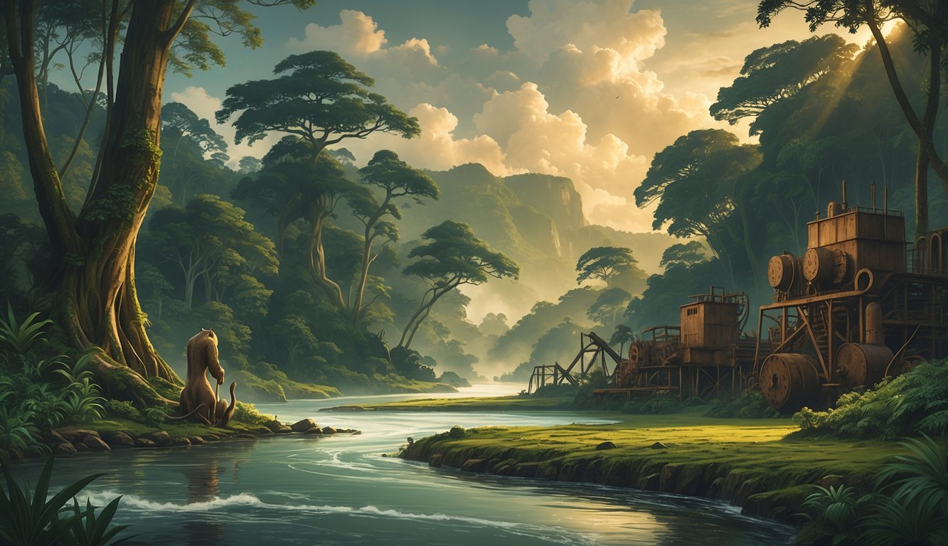 A tropical rainforest scene with mythical animal figures emerging from mist near old industrial machinery partially covered by plants, set against distant mountains under a dramatic sky.