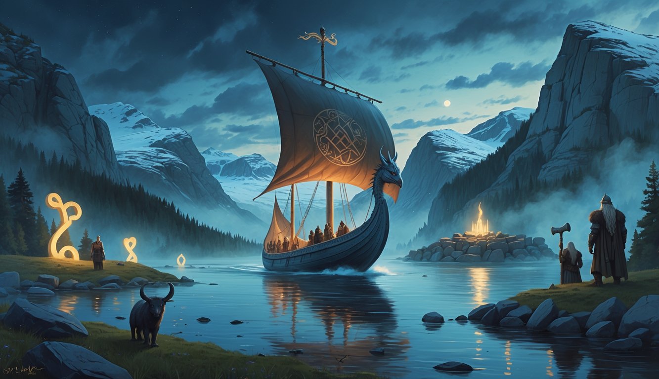 A Viking longship sails through misty waters surrounded by Norse mythological figures and ancient rune stones in a Nordic landscape with forests and mountains.