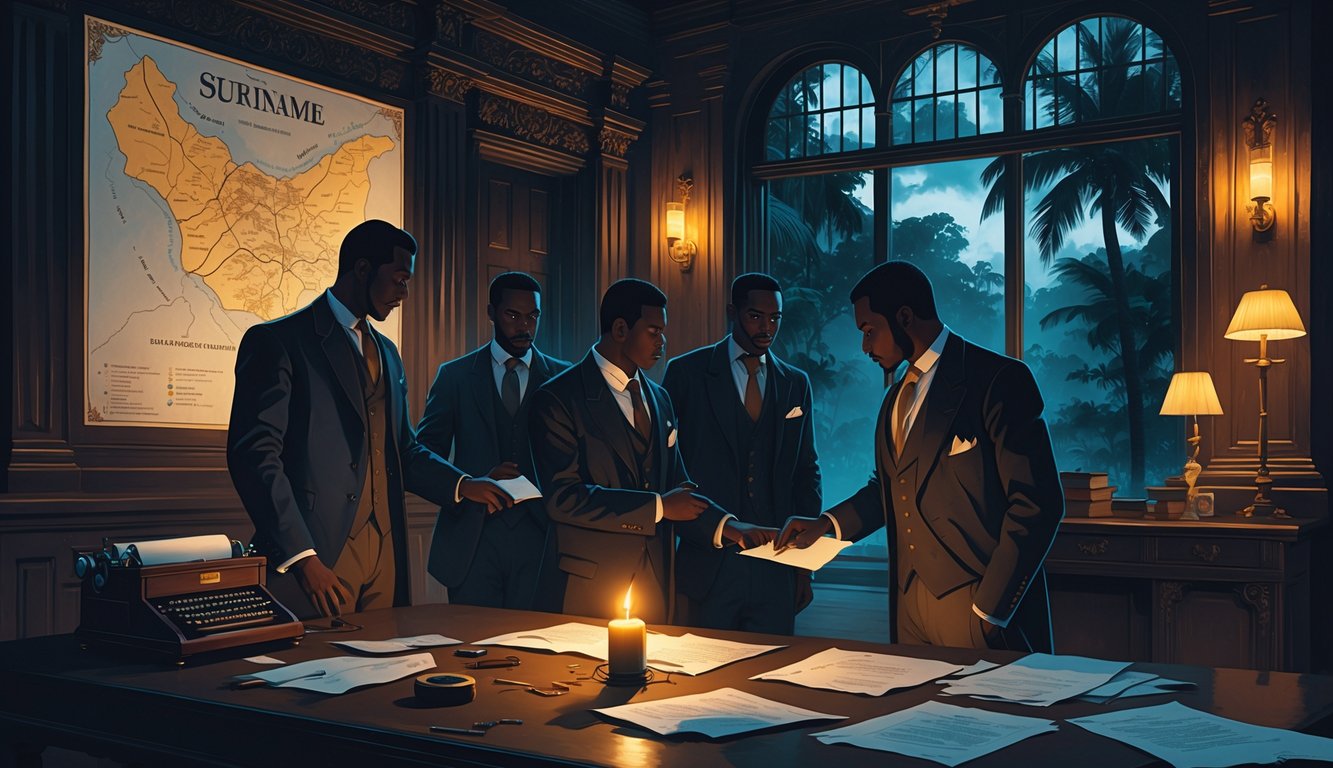 Shadowy figures in a colonial government building in Suriname secretly discussing and exchanging documents, with old maps on the walls and a tropical jungle visible outside the window.