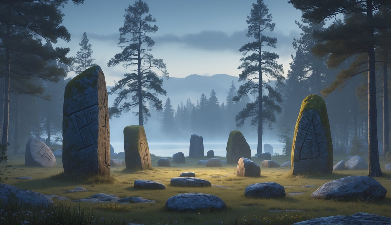 A misty forest clearing in Sweden with large ancient stone monuments covered in moss and carvings, surrounded by pine trees and wildflowers, with mountains and a lake in the distance.