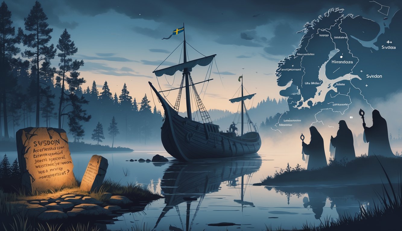 A misty twilight scene showing a Viking shipwreck by a Nordic lake surrounded by ancient rune stones, ghostly figures, and a faint map of Sweden highlighting historical mystery sites.