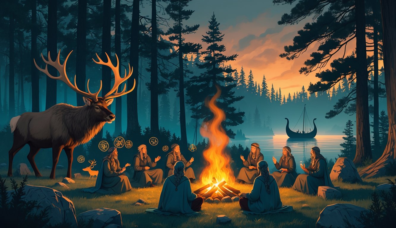 A group of traditional Swedish storytellers around a campfire in a misty forest with elk, mystical forest spirits, rune stones, and a Viking longship on a lake in the background.