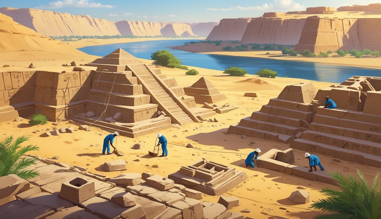 Archaeologists excavating ancient pyramids and stone ruins near the Nile River in Sudan, surrounded by desert and greenery.