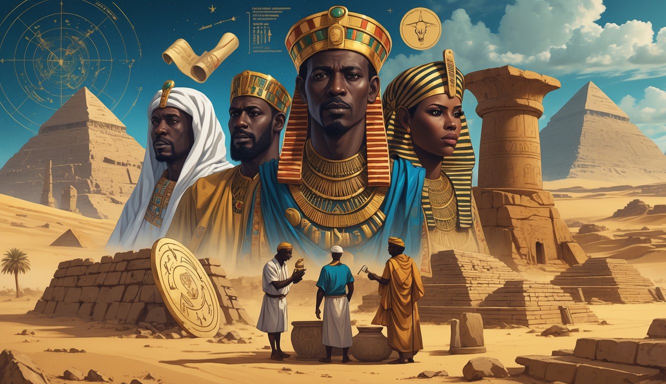 A detailed scene showing famous historical figures from Sudan with ancient artifacts, pyramids, the Nile River, and mysterious ruins in a desert landscape.
