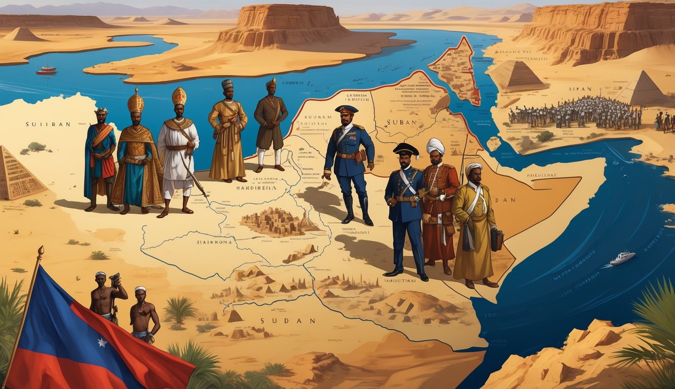 A map of Sudan surrounded by traditional rulers, colonial soldiers, and modern citizens, with historical landmarks and the Nile River in the background.