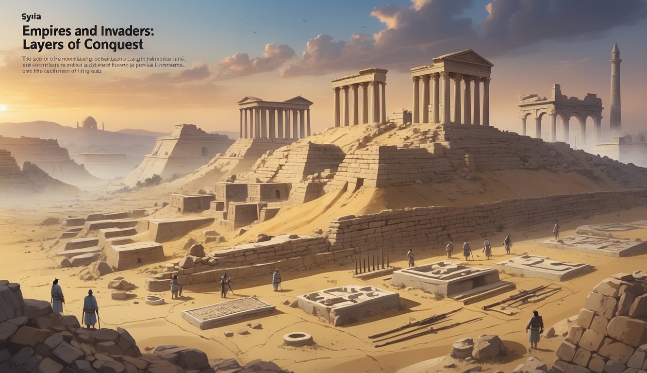 A layered scene showing ancient ruins, archaeologists excavating artifacts, and ghostly figures of soldiers and rulers from different empires over a map of historical Syria.