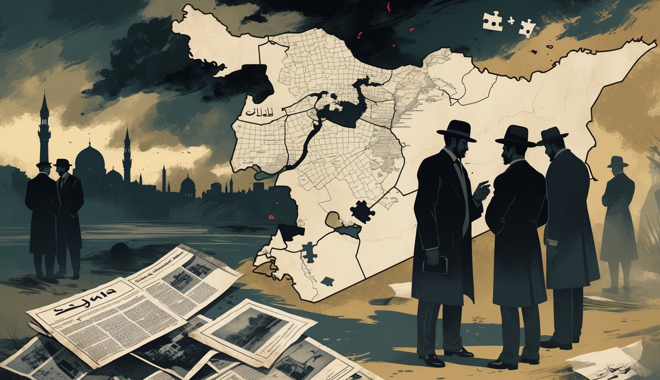 A map of Syria surrounded by shadowy figures and historical documents, with a stormy sky and iconic landmarks in the background, symbolizing political turmoil and mysteries.