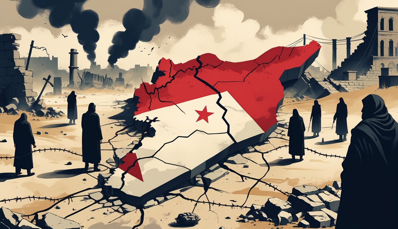 A fragmented map of Syria surrounded by shadowy figures and ruins, with smoke rising and signs of conflict, symbolizing war and instability.