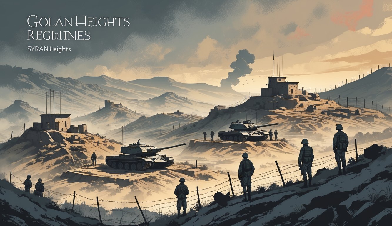 A mountainous landscape of the Golan Heights with soldiers, military outposts, abandoned tanks, and smoke in the distance, symbolizing the aftermath of wars.