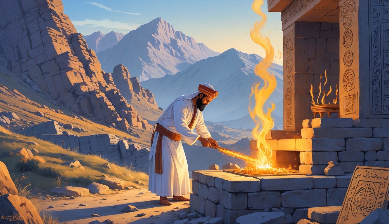 A priest in white robes tending a fire altar at an ancient stone temple set in the mountainous landscape of Tajikistan.