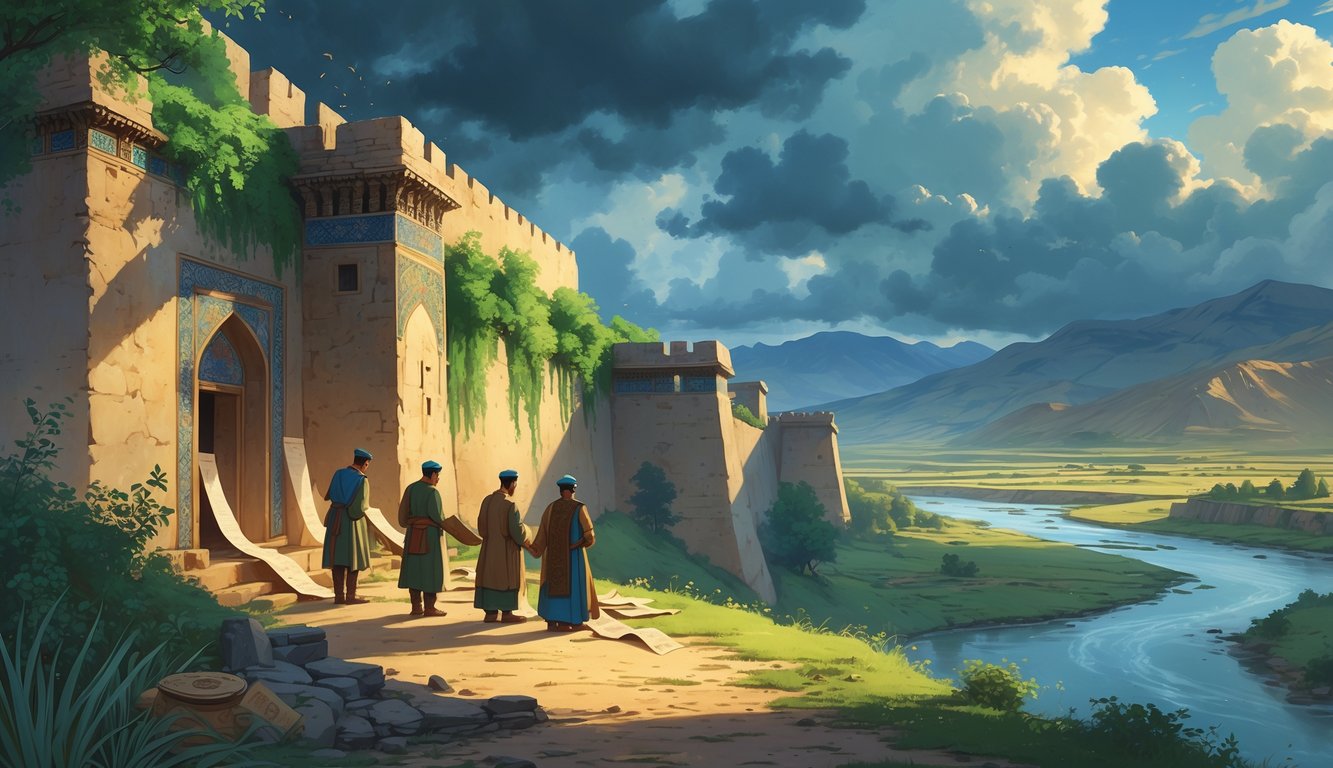 An ancient fortress in Khujand with archaeologists examining artifacts near a river and mountains in the background.