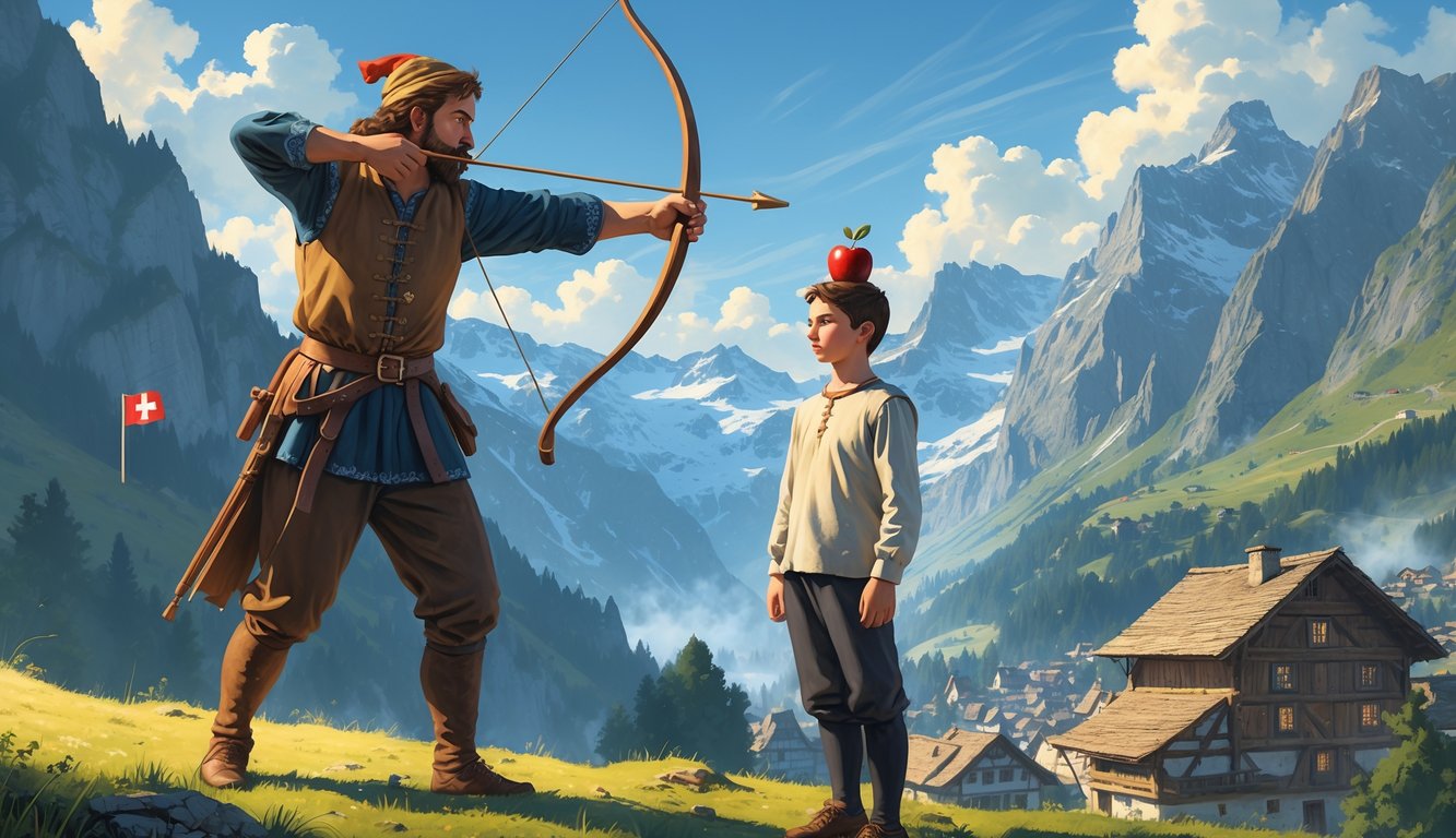 A man aims a crossbow at an apple on a boy's head in a mountainous Swiss landscape.
