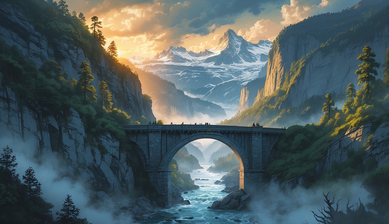 A stone bridge arches over a rocky gorge with a river below, surrounded by pine-covered cliffs and snow-capped mountains in the background under a glowing sky.