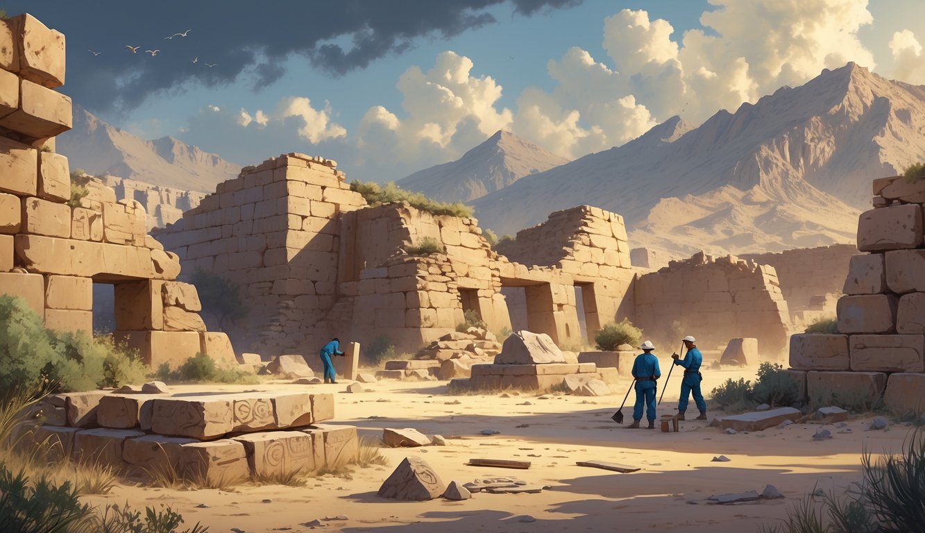 Ancient stone ruins in a mountainous area with archaeologists examining artifacts among the site under a cloudy sky.