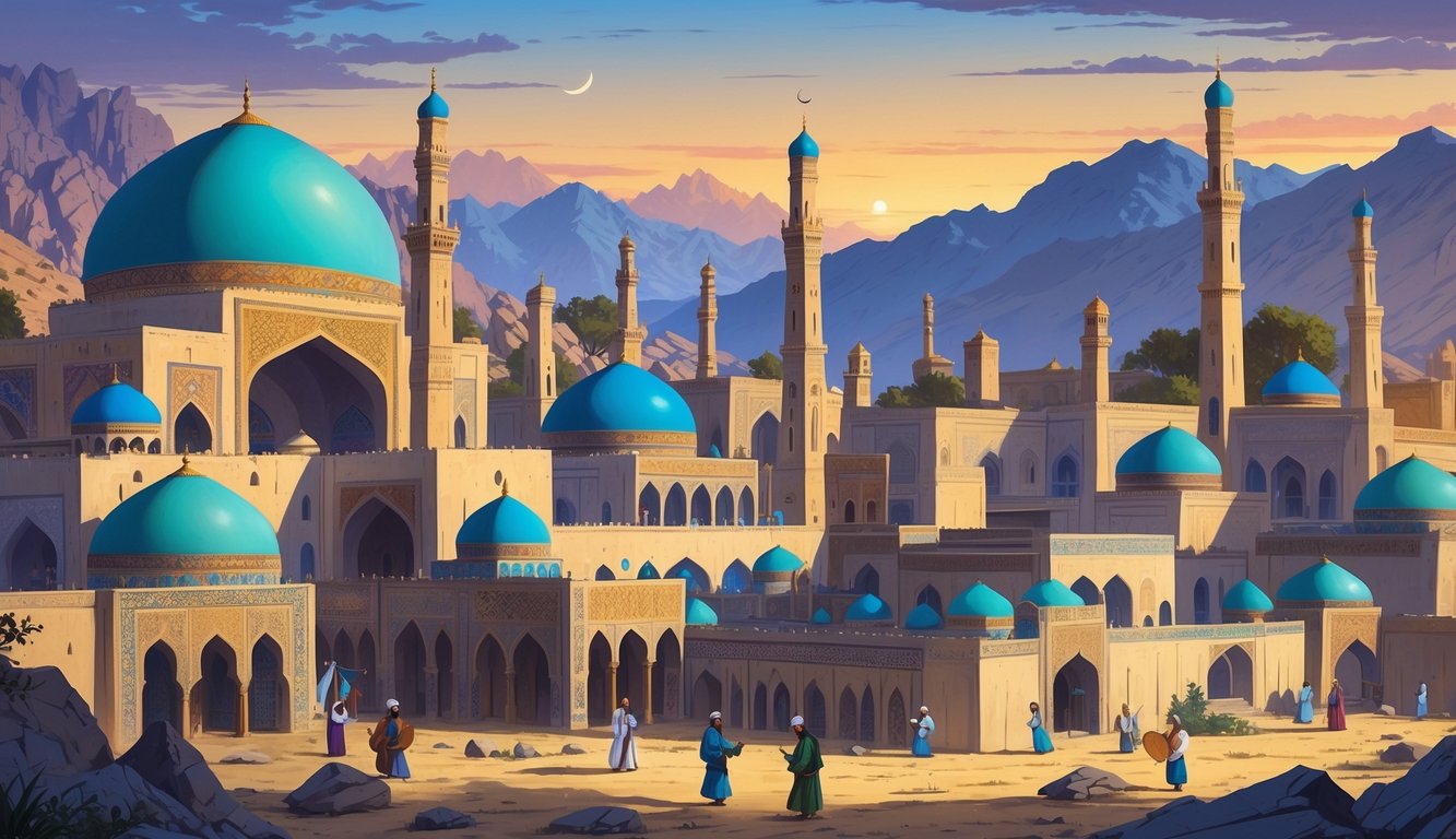An ancient Tajik city with Islamic mosques featuring domes and minarets, surrounded by mountains, with people in traditional clothing engaged in scholarly and artistic activities.
