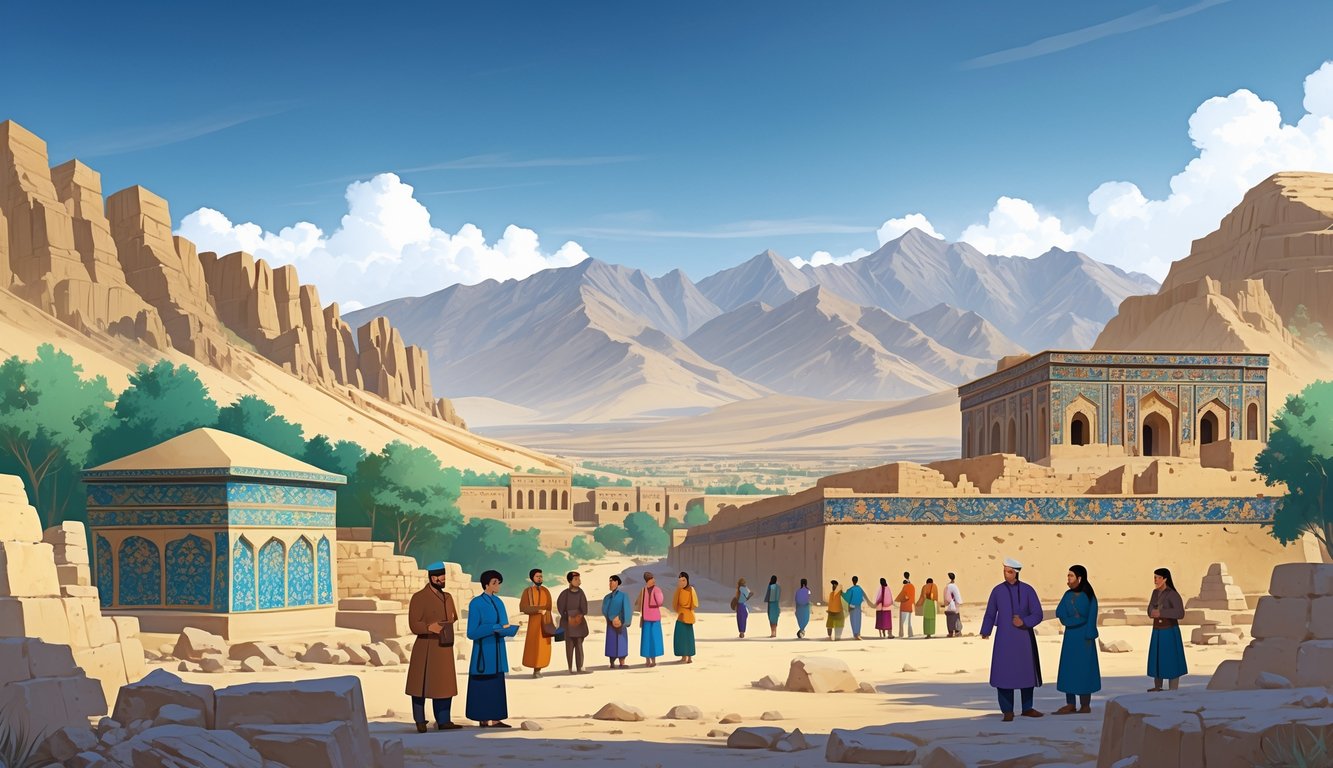 Tourists exploring ancient Tajik landmarks near mountains, with local guides and traditional cultural elements visible.