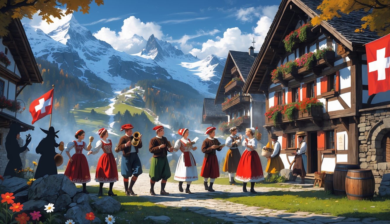 A Swiss alpine village scene showing people in traditional costumes celebrating with alphorns and dancing, surrounded by mountains and symbolic Swiss elements, alongside mysterious ancient artifacts and shadowy figures.
