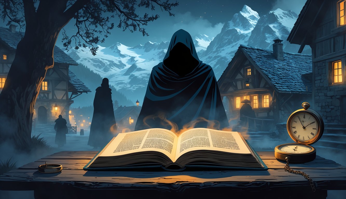 A twilight scene of a Swiss alpine village with an open ancient book on a wooden table surrounded by mysterious symbols like a cloaked figure, carved runes, and a vintage pocket watch.