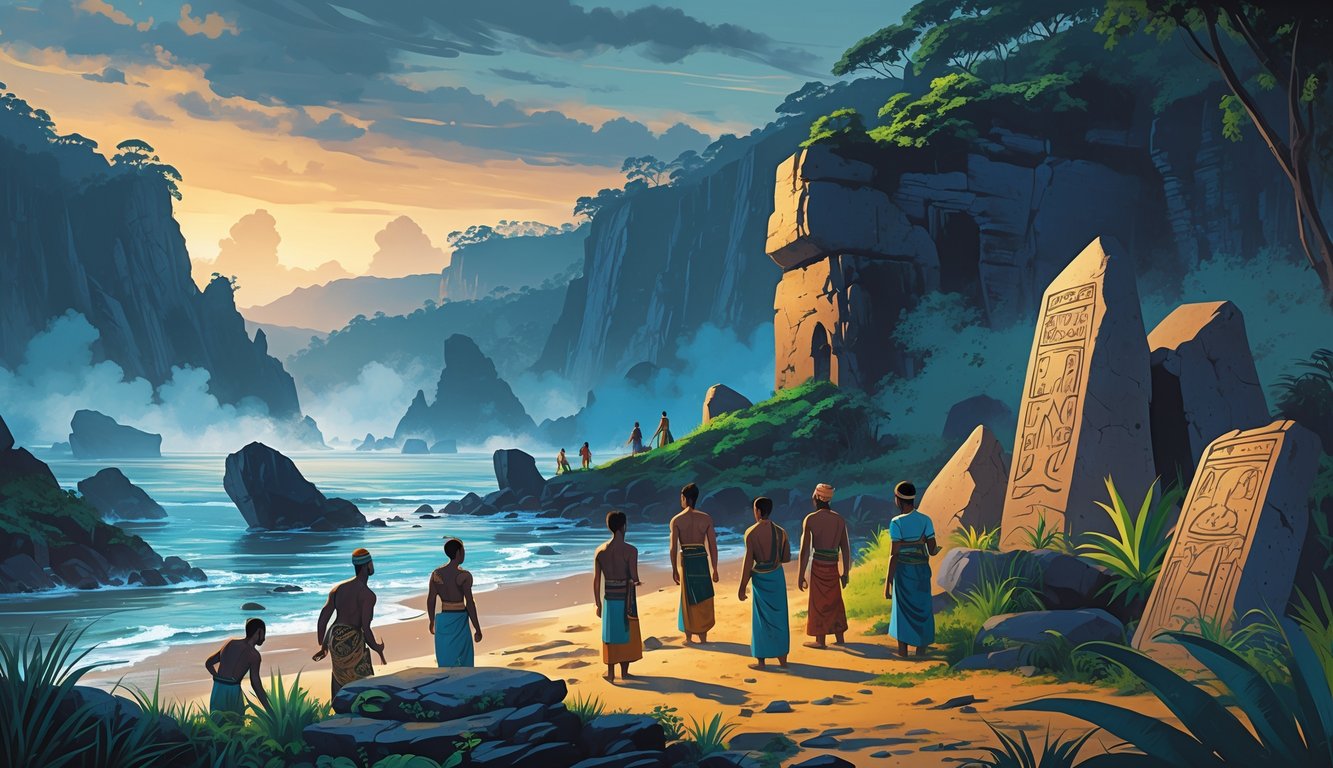 A coastal landscape in Timor-Leste with ancient stone ruins, people examining artifacts, and misty hills with faint shapes suggesting legends and mysteries.