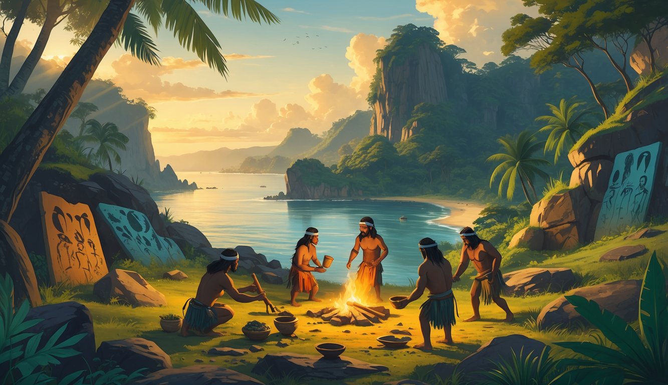 Early human figures in a tropical landscape of Timor-Leste, with mountains, forest, coastal shore, and ancient cave paintings visible on rocks.