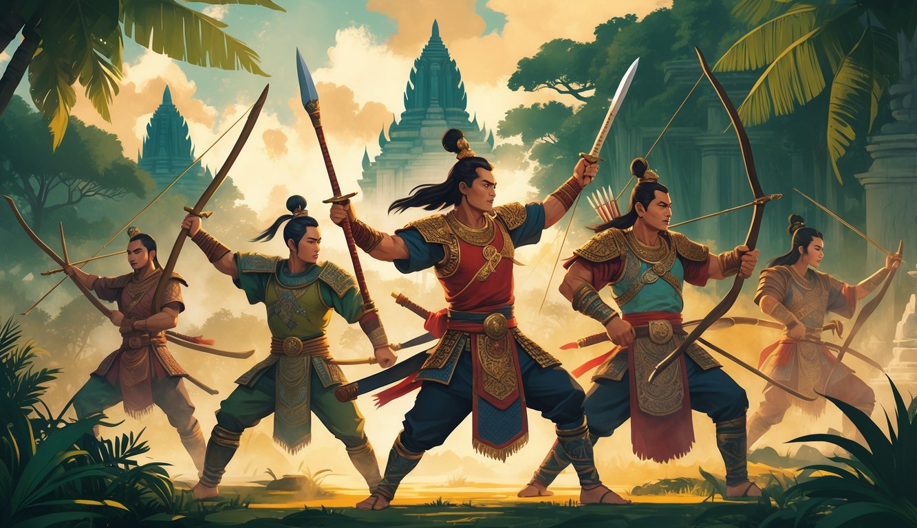 A group of Thai warriors in traditional armor holding weapons, standing in front of ancient temples and jungle scenery.