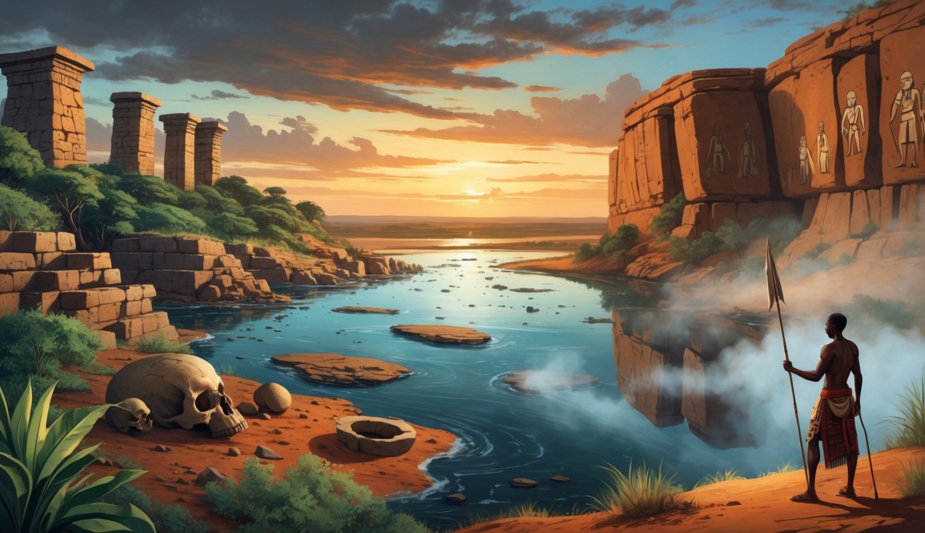 A scene showing ancient ruins, fossilized skulls in a gorge, misty lake waters, a Maasai warrior near rock art, and the Serengeti plains at sunset.