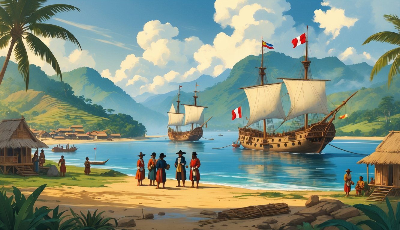 A coastal scene in Timor-Leste showing indigenous villagers near traditional houses, with Portuguese and Dutch ships anchored offshore and colonial officers meeting local leaders.