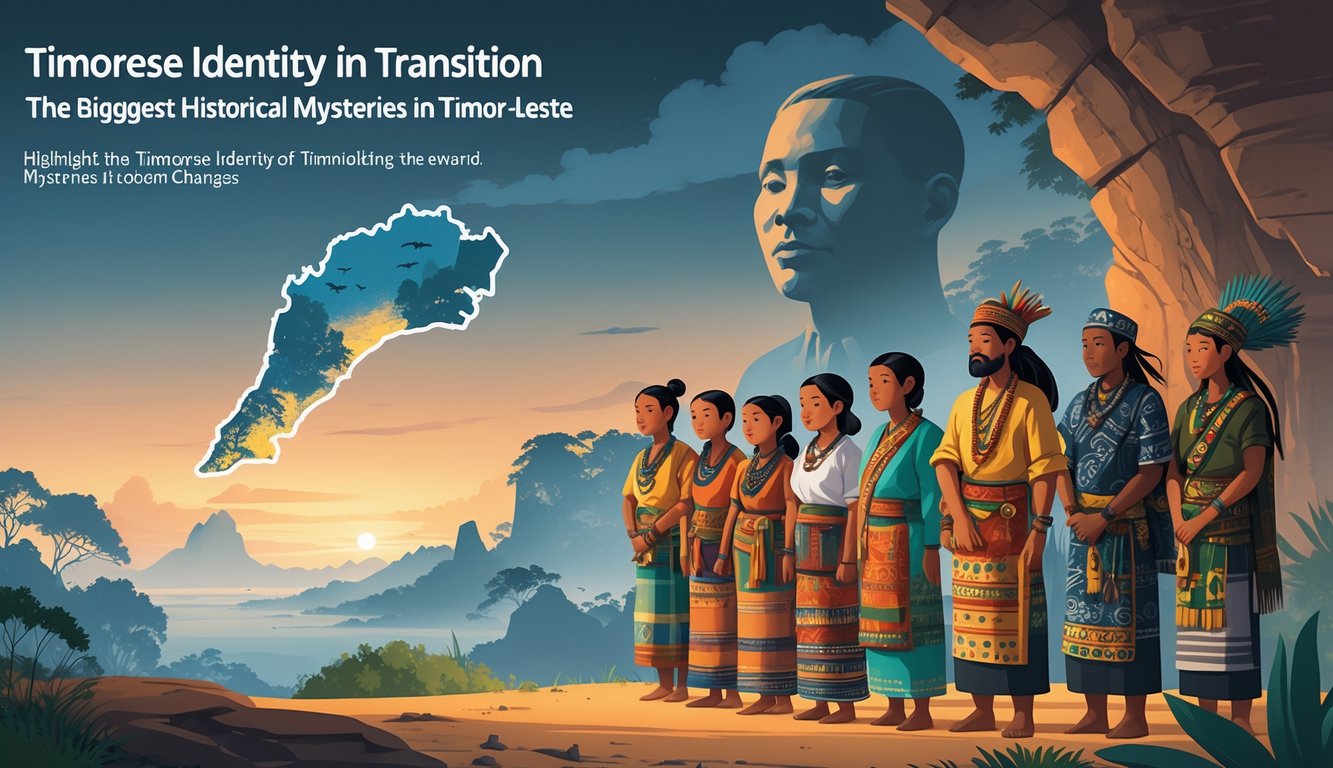 A group of Timorese people in traditional clothing stand together with ancient rock art and historic artifacts in the background, alongside a map of Timor-Leste showing glowing landmarks under a sky transitioning from dawn to dusk.
