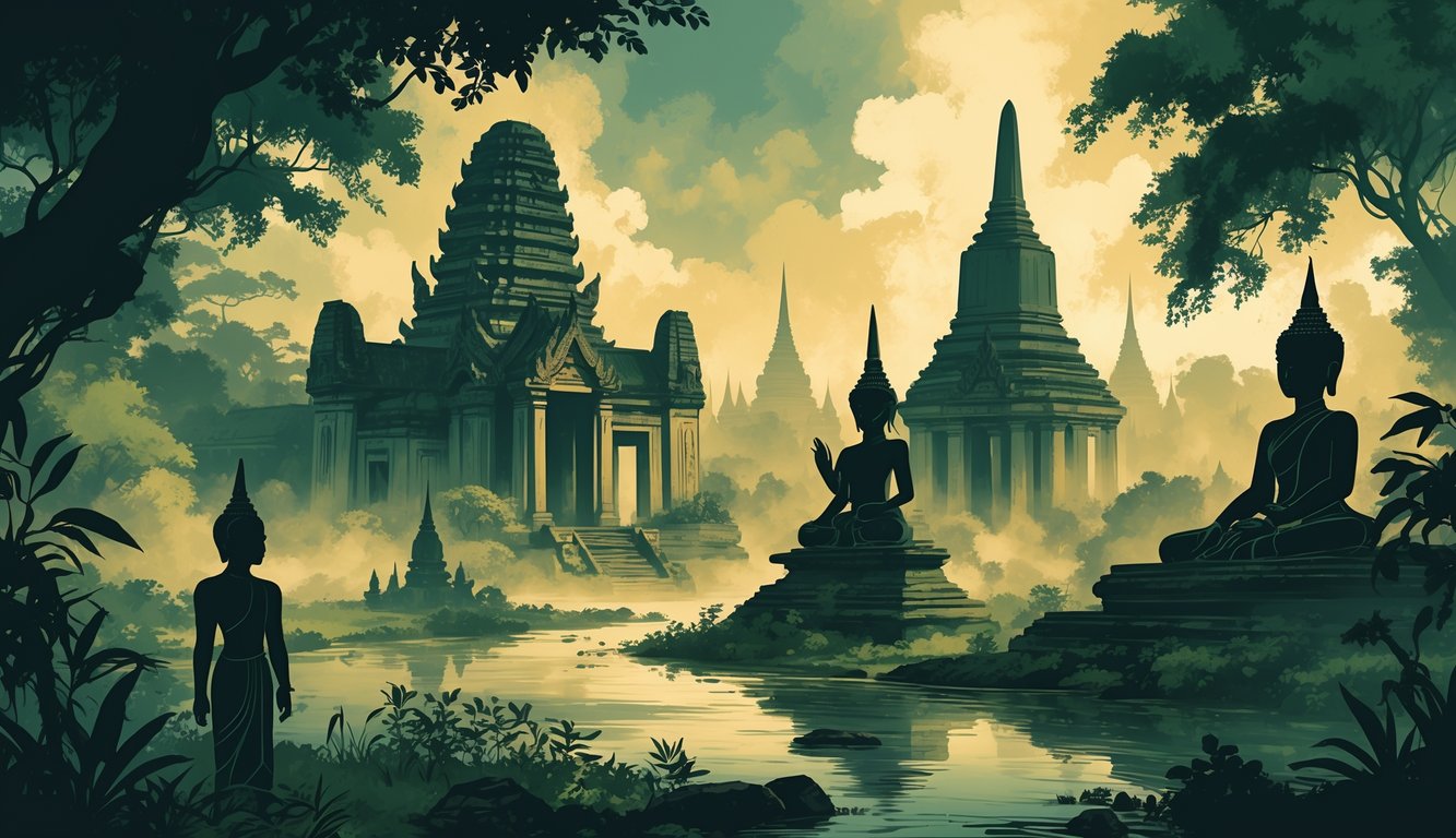 Ancient Thai ruins surrounded by jungle with ghostly figures and mythological creatures blending into a misty background.