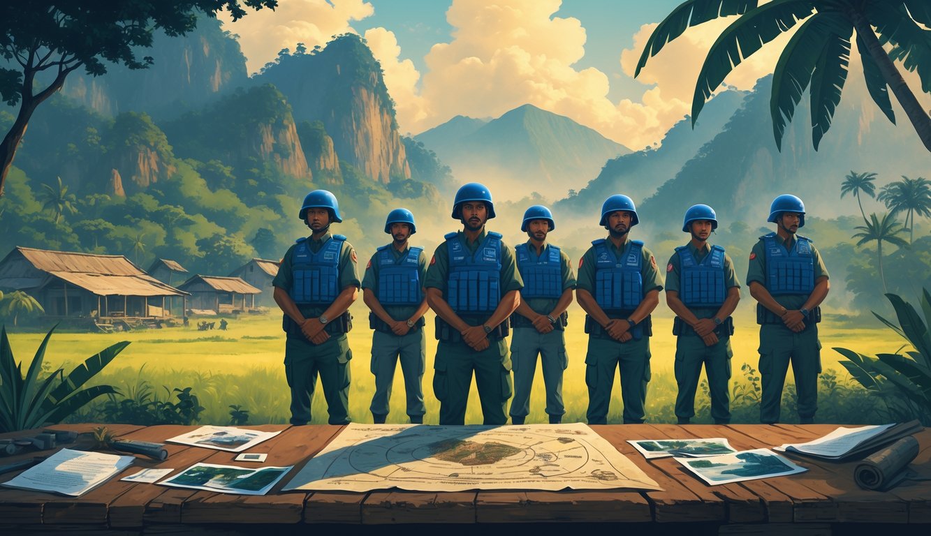 UN peacekeepers in blue helmets stand in a tropical mountainous landscape in Timor-Leste, with a wooden table displaying an ancient artifact and scattered documents symbolizing historical mysteries.