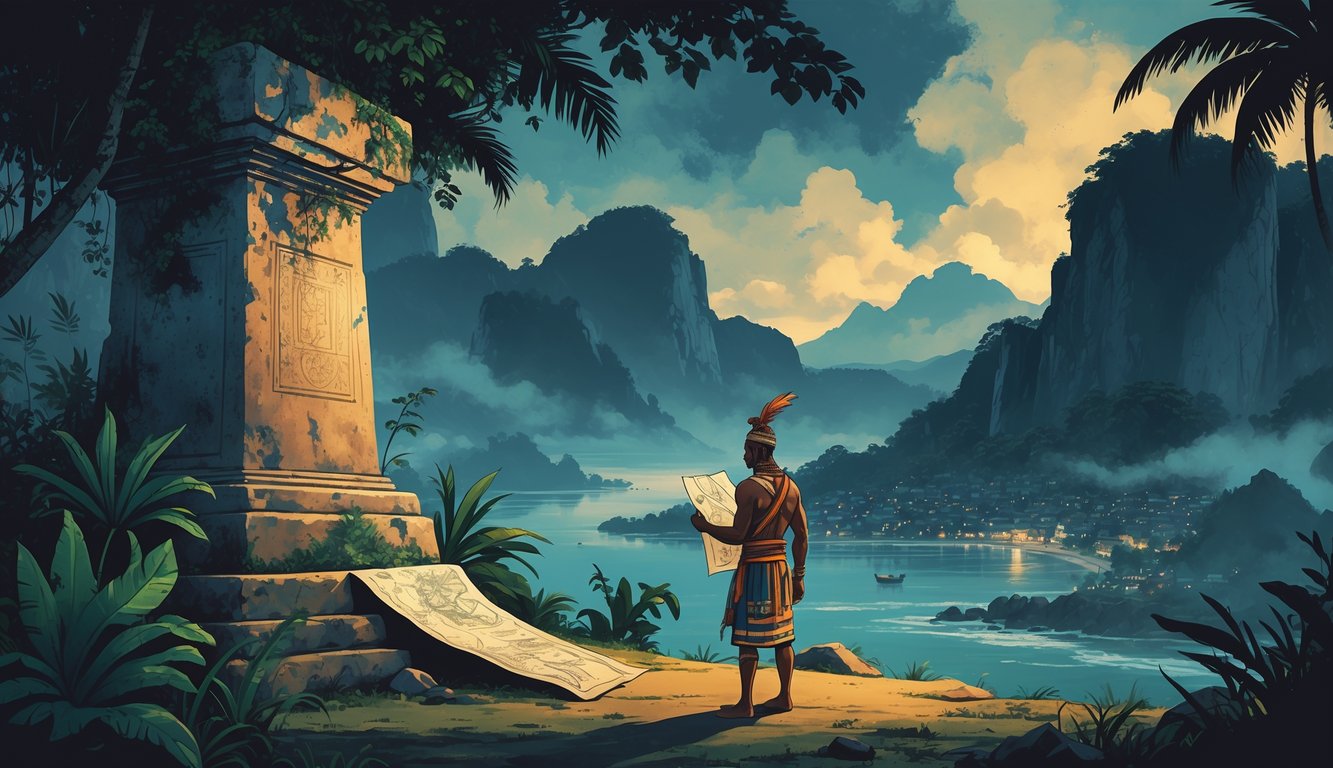 A Timor-Leste landscape with a stone monument, a traditional warrior holding a scroll, mountains, and a coastal village under a twilight sky, suggesting mystery and history.