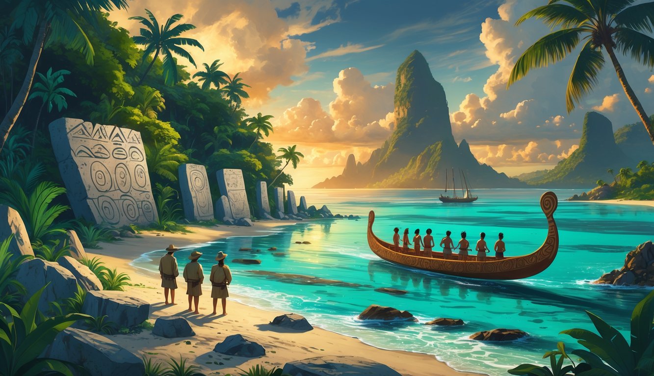 A tropical island with ancient stone structures, explorers examining petroglyphs, a traditional canoe on clear water, and faint ghostly figures above the water under a dramatic sky.