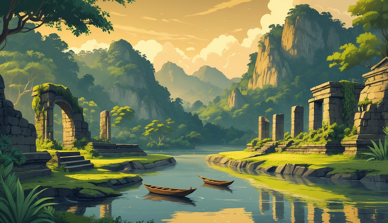 A tropical landscape in Timor-Leste with ancient stone ruins, traditional artifacts, a river with wooden boats, and mountains in the background under a golden sky.