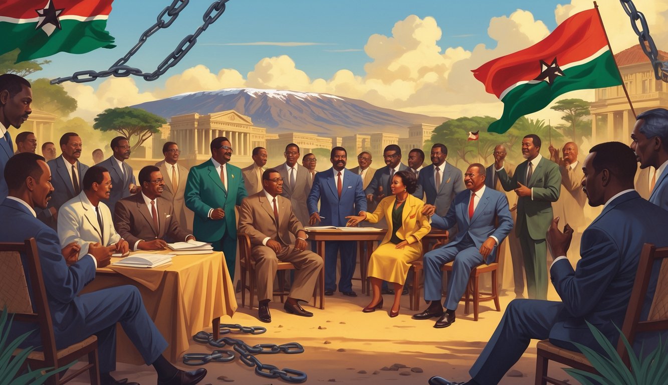 A group of Tanzanian leaders and citizens engaged in a passionate discussion about independence, with Mount Kilimanjaro and colonial buildings in the background, symbolizing the historical struggle for freedom.